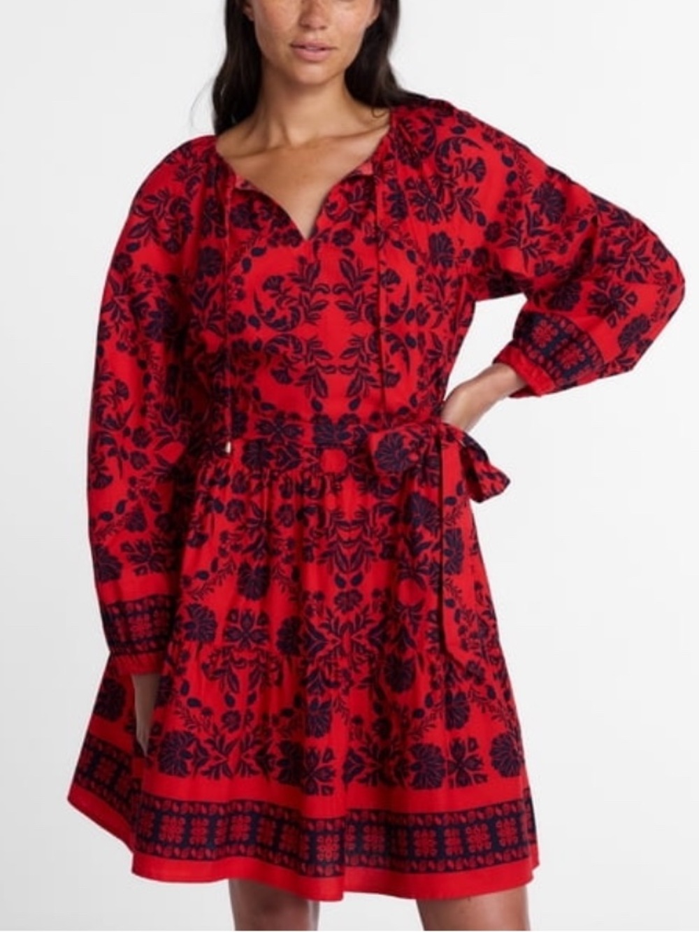 Time and Tru Red Floral Tie-Waist Long Sleeve Dress
